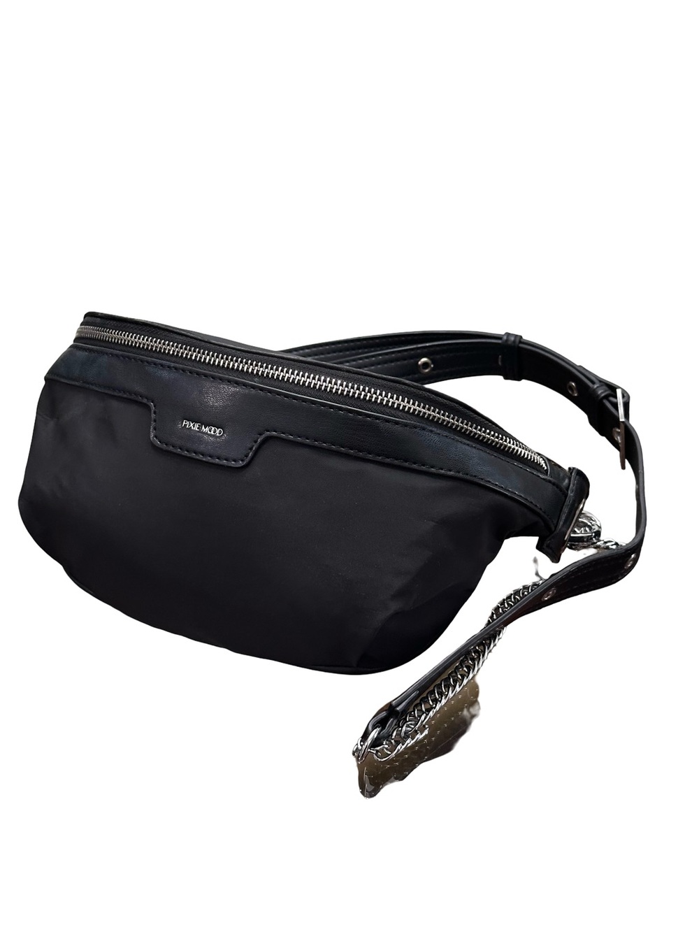 PIXIE MOOD Black Nylon Belt Bag Crossbody Fanny Pack Silver Chain Detail